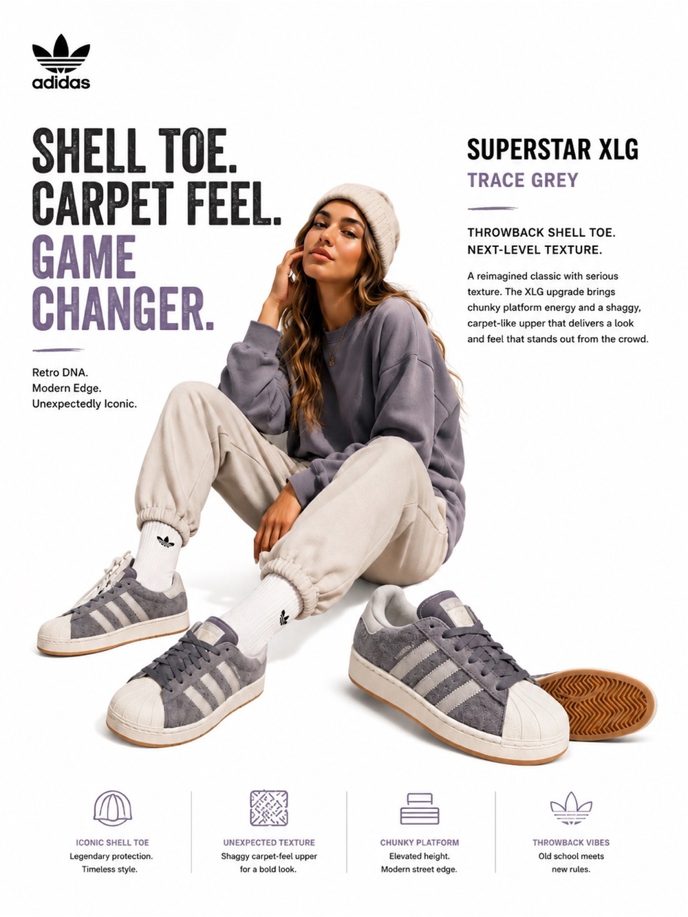 Adidas Superstar XLG Trace Grey men's 8.5 / women's  chunky platform 40 2/3 EU